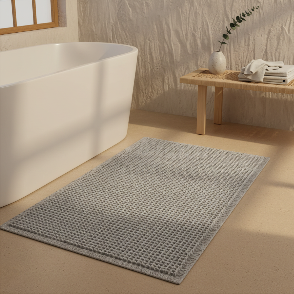 Waffle Bath Mat, Non-Slip Microfiber with Tassels | Quick-Dry Bathroom Rug | Qonforta