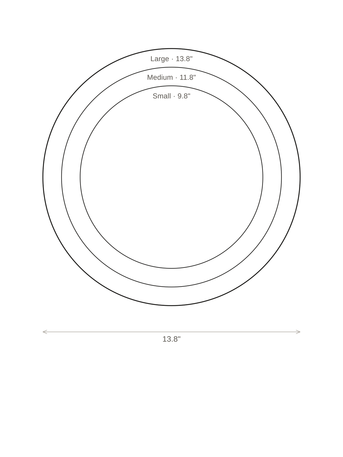 Size chart for the Quiete Nordica wall clock, 9.8 in, 11.8 in and 13.8 in sizes