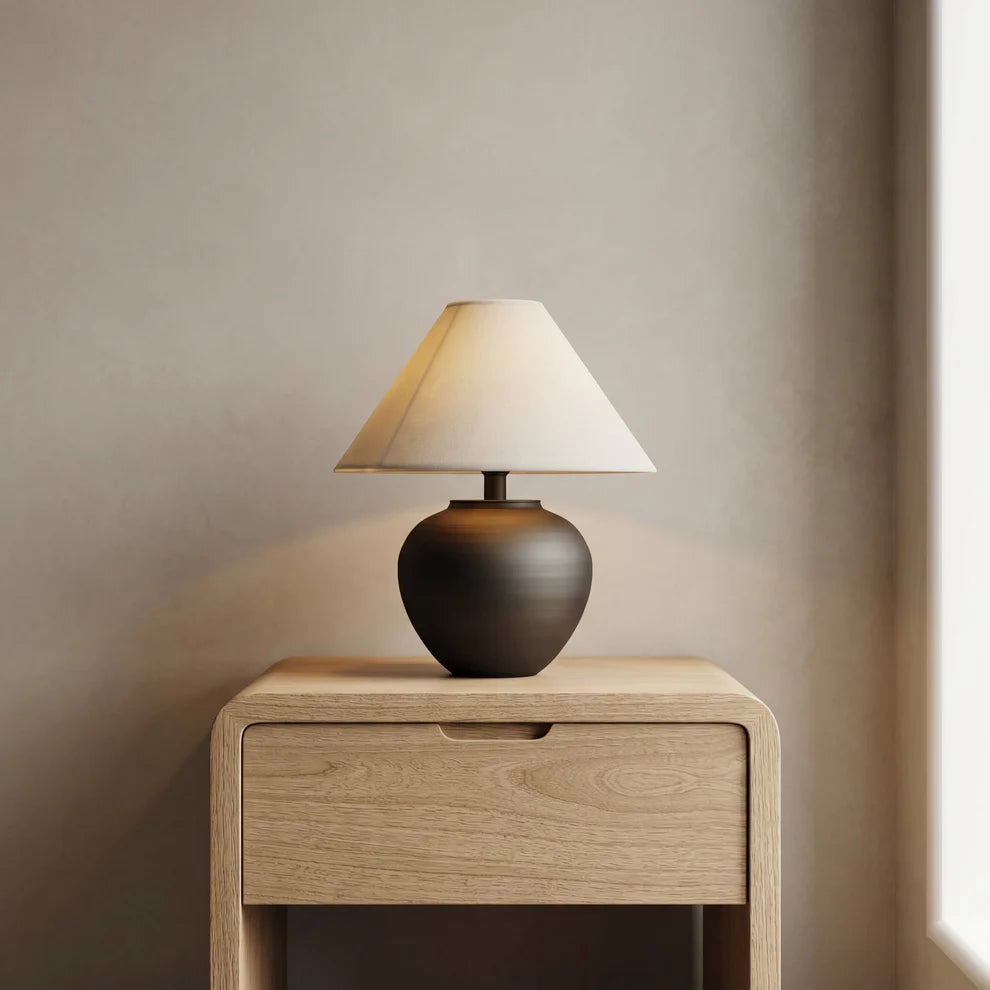 Colette Victorian Ceramic Table Lamp | Matte Black & Linen Shade | Qonforta