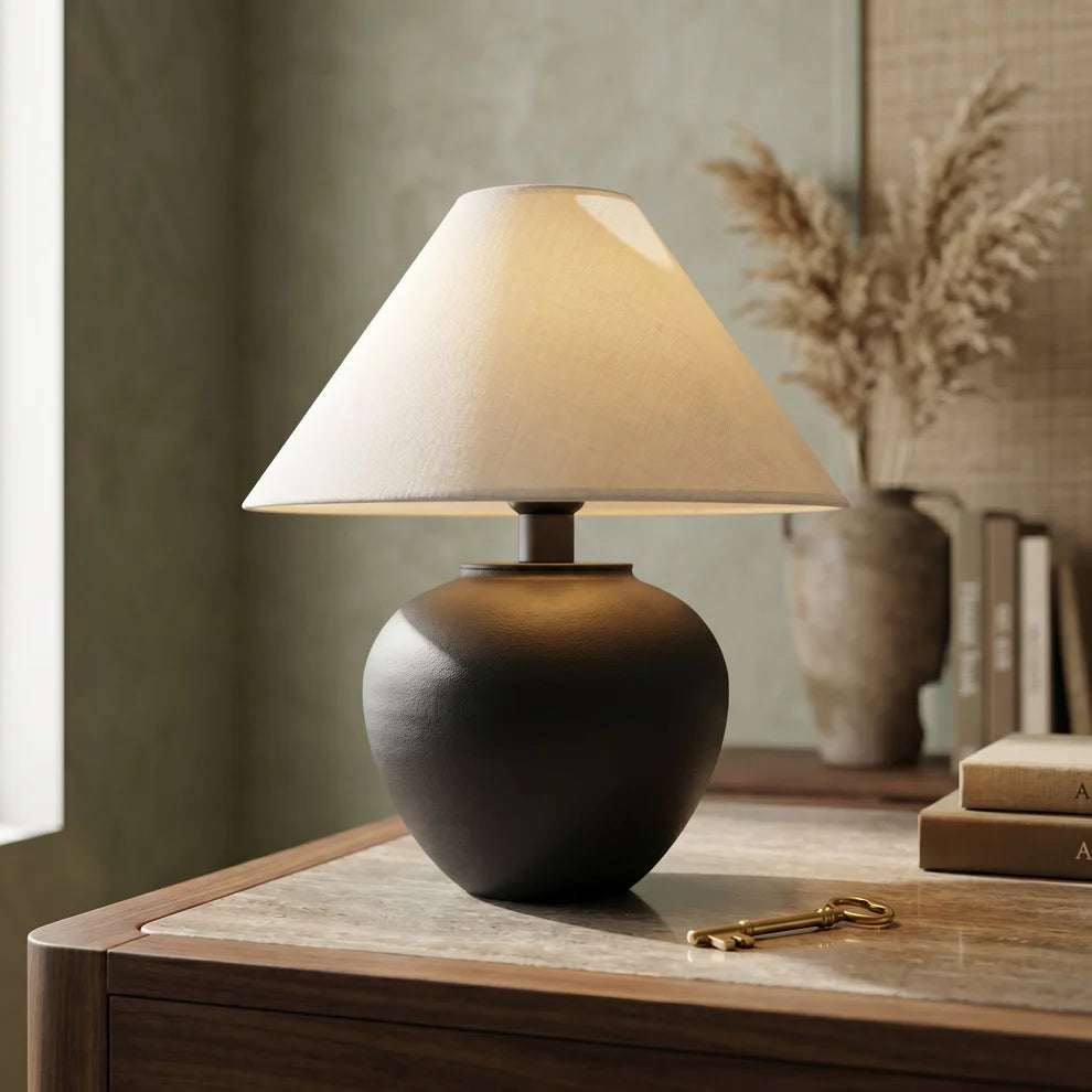 Colette Victorian Ceramic Table Lamp | Matte Black & Linen Shade | Qonforta