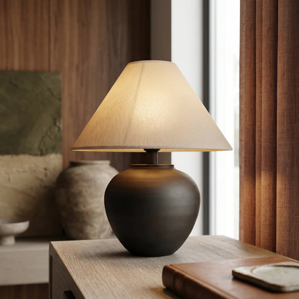 Colette Victorian Ceramic Table Lamp | Matte Black & Linen Shade | Qonforta