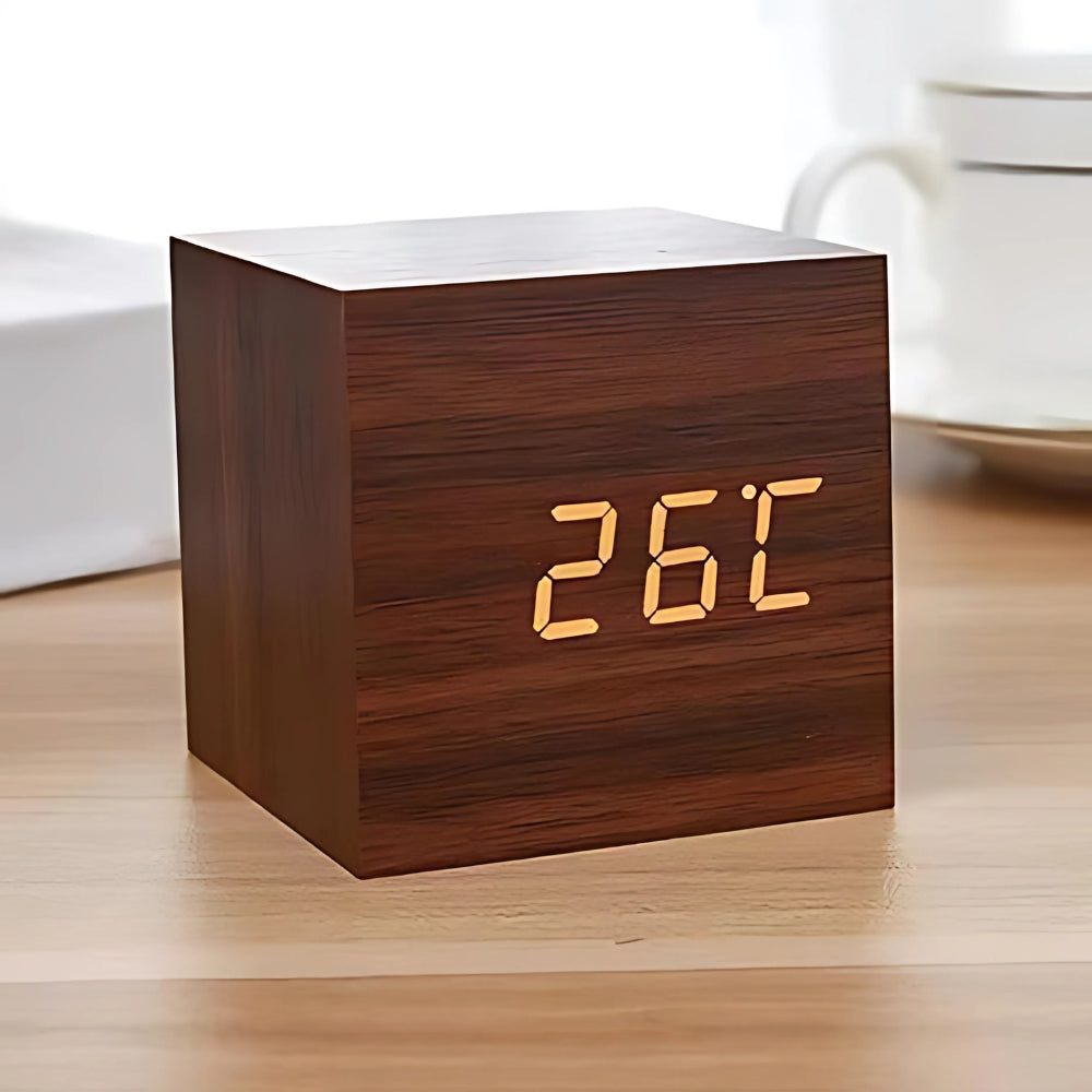 Cube LED alarm clock in Dark Wood showing the temperature
