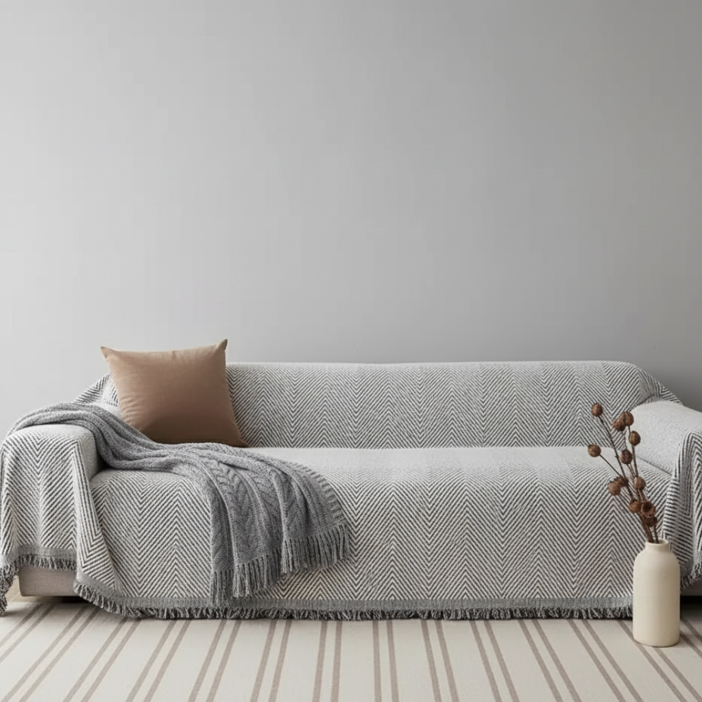 Herringbone Couch Cover, Non-Slip Microfiber Blend | Pet-Friendly Slipcover | Qonforta