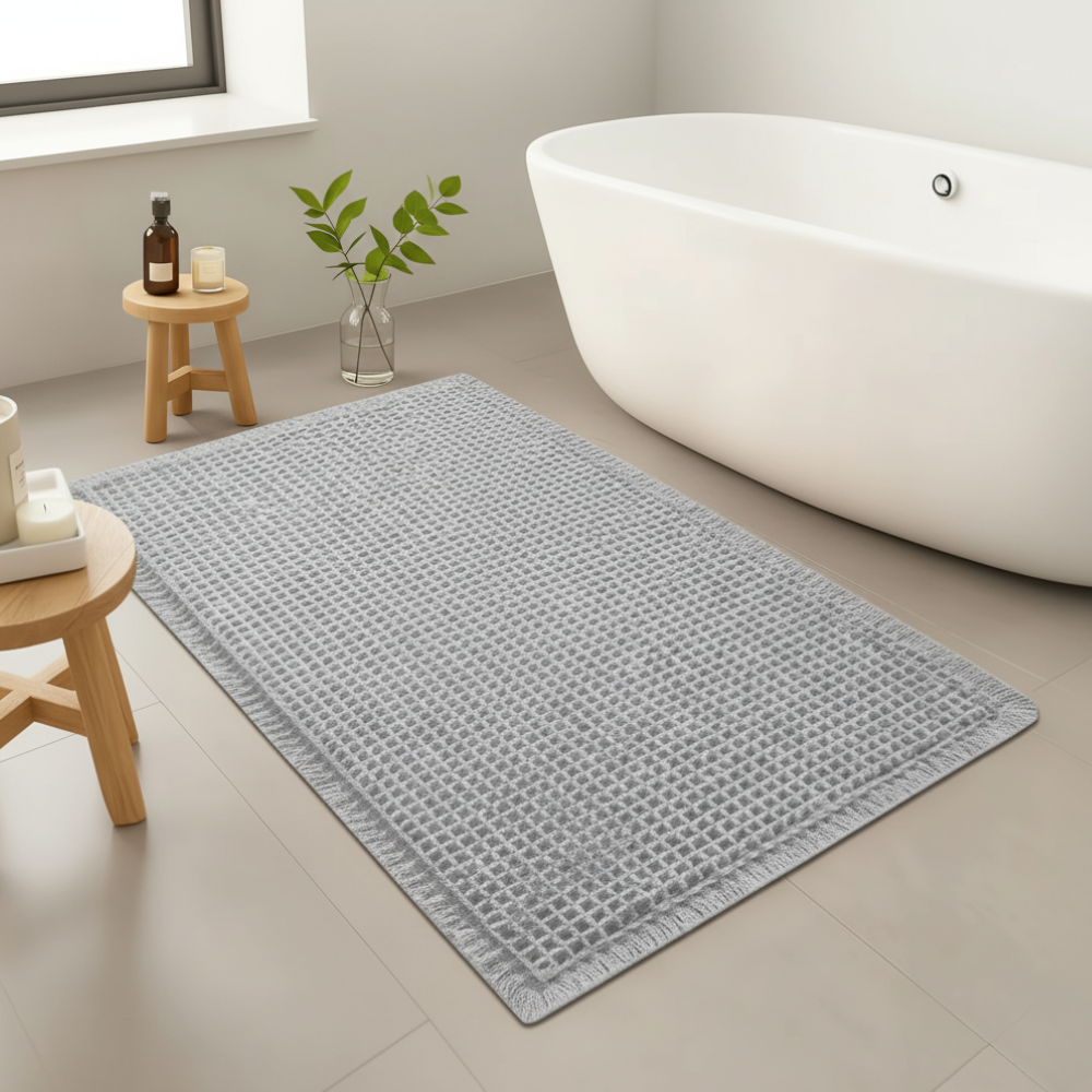 Waffle Bath Mat, Non-Slip Microfiber with Tassels | Quick-Dry Bathroom Rug | Qonforta