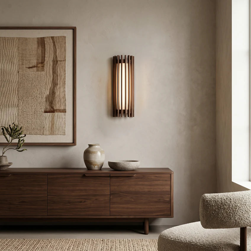 Walnut Wood Slat Wall Sconce | Warm White & Dimmable | Qonforta