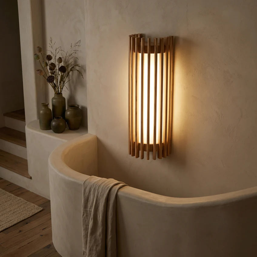 Walnut Wood Slat Wall Sconce | Warm White & Dimmable | Qonforta