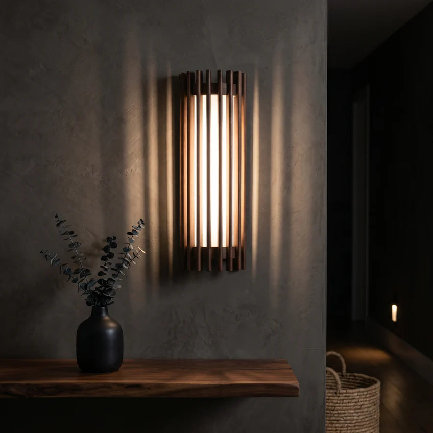 Walnut Wood Slat Wall Sconce | Warm White & Dimmable | Qonforta