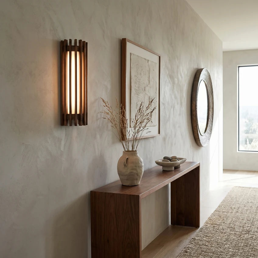 Walnut Wood Slat Wall Sconce | Warm White & Dimmable | Qonforta