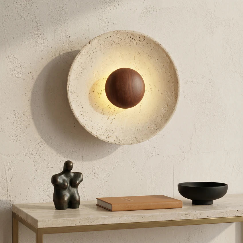 Travertine Halo Wall Sconce | Wood & Walnut | 2 Sizes | Qonforta