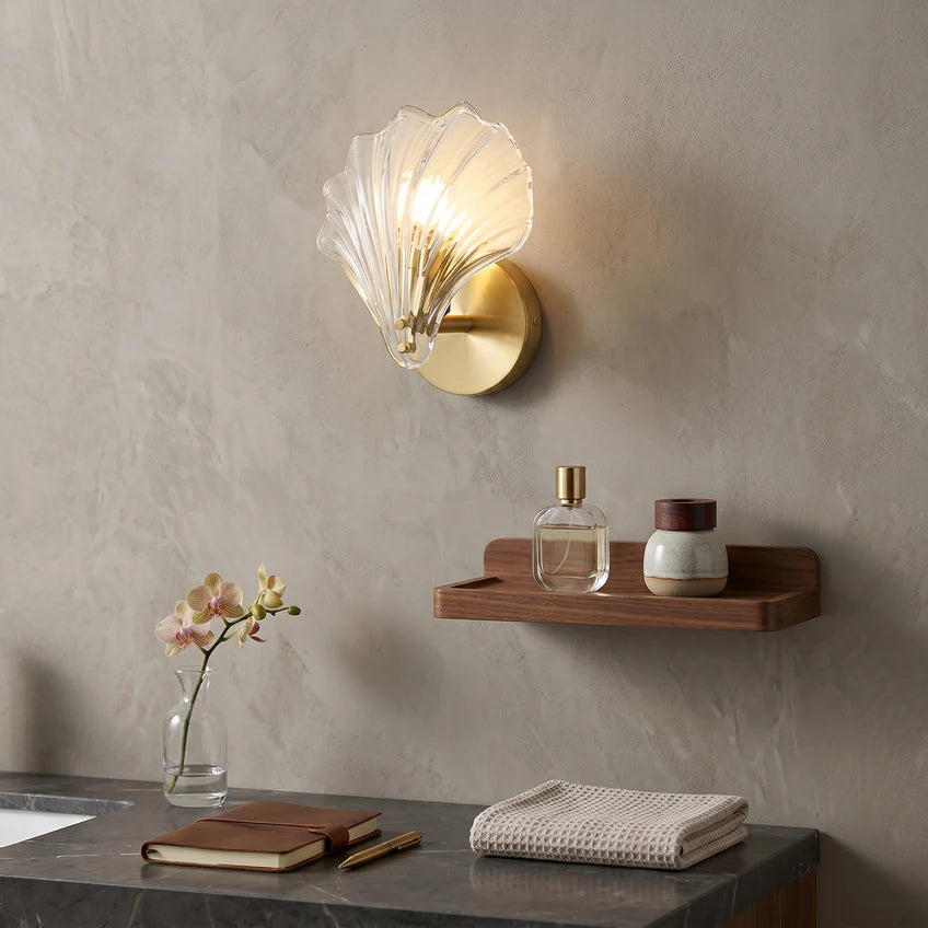 Brass Seashell Glass Wall Sconce | Clear & Brown Glass | Qonforta
