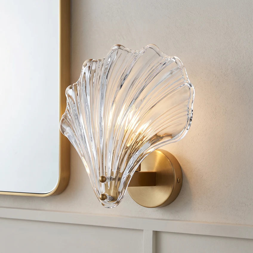 Brass Seashell Glass Wall Sconce | Clear & Brown Glass | Qonforta