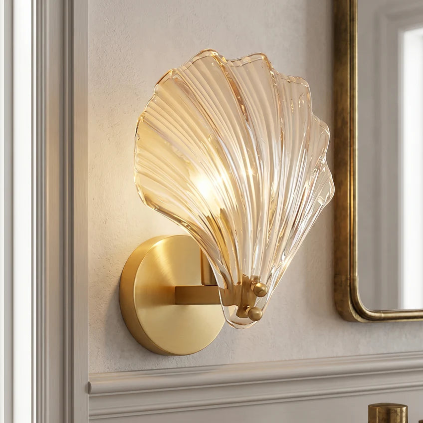 Brass Seashell Glass Wall Sconce | Clear & Brown Glass | Qonforta