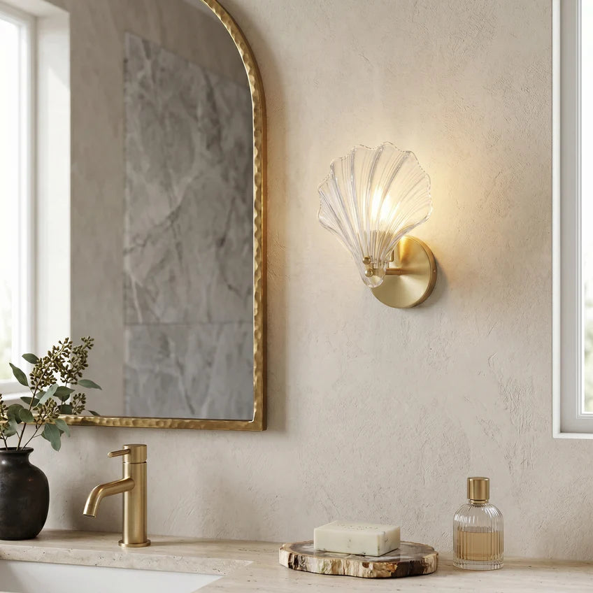 Brass Seashell Glass Wall Sconce | Clear & Brown Glass | Qonforta