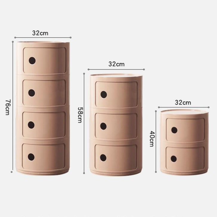 Nude round storage units in four, three and two tiers side by side
