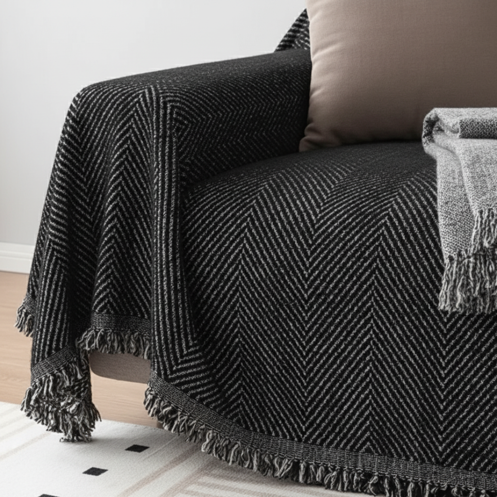 Herringbone Couch Cover, Non-Slip Microfiber Blend | Pet-Friendly Slipcover | Qonforta