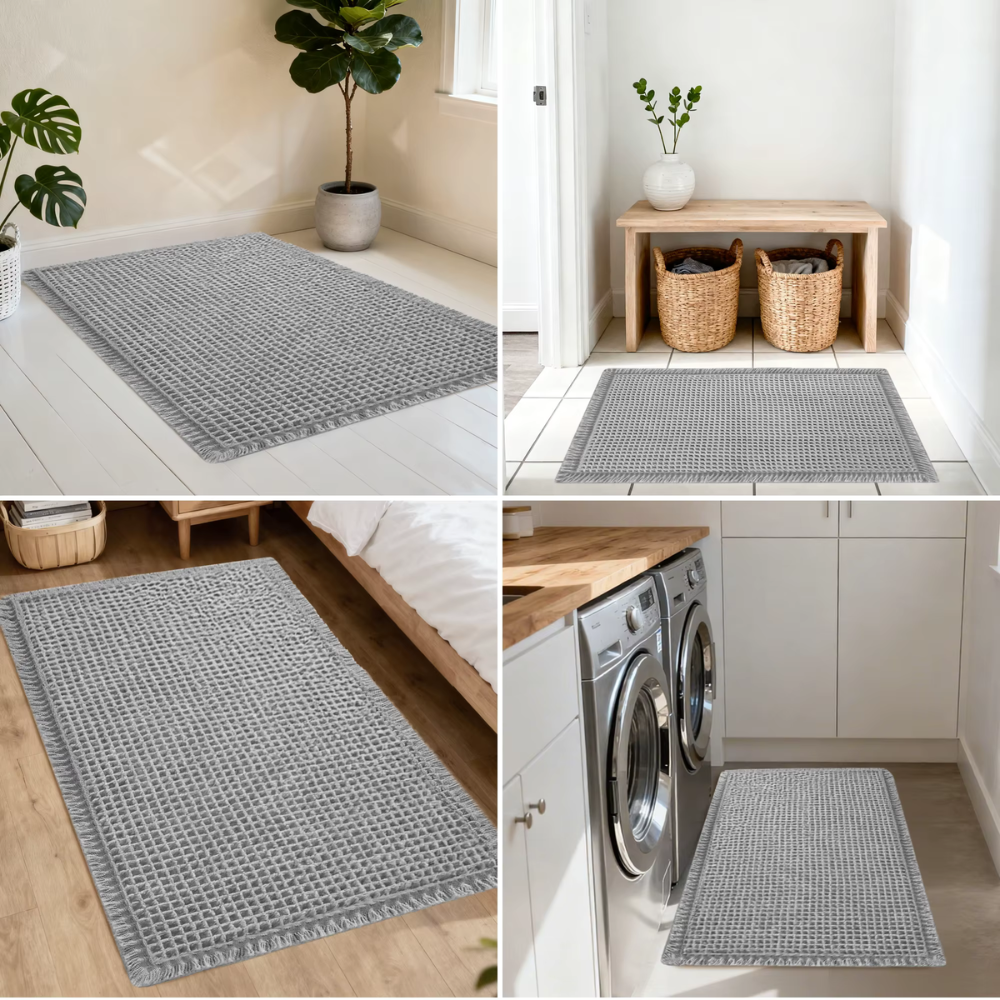 Waffle Bath Mat, Non-Slip Microfiber with Tassels | Quick-Dry Bathroom Rug | Qonforta
