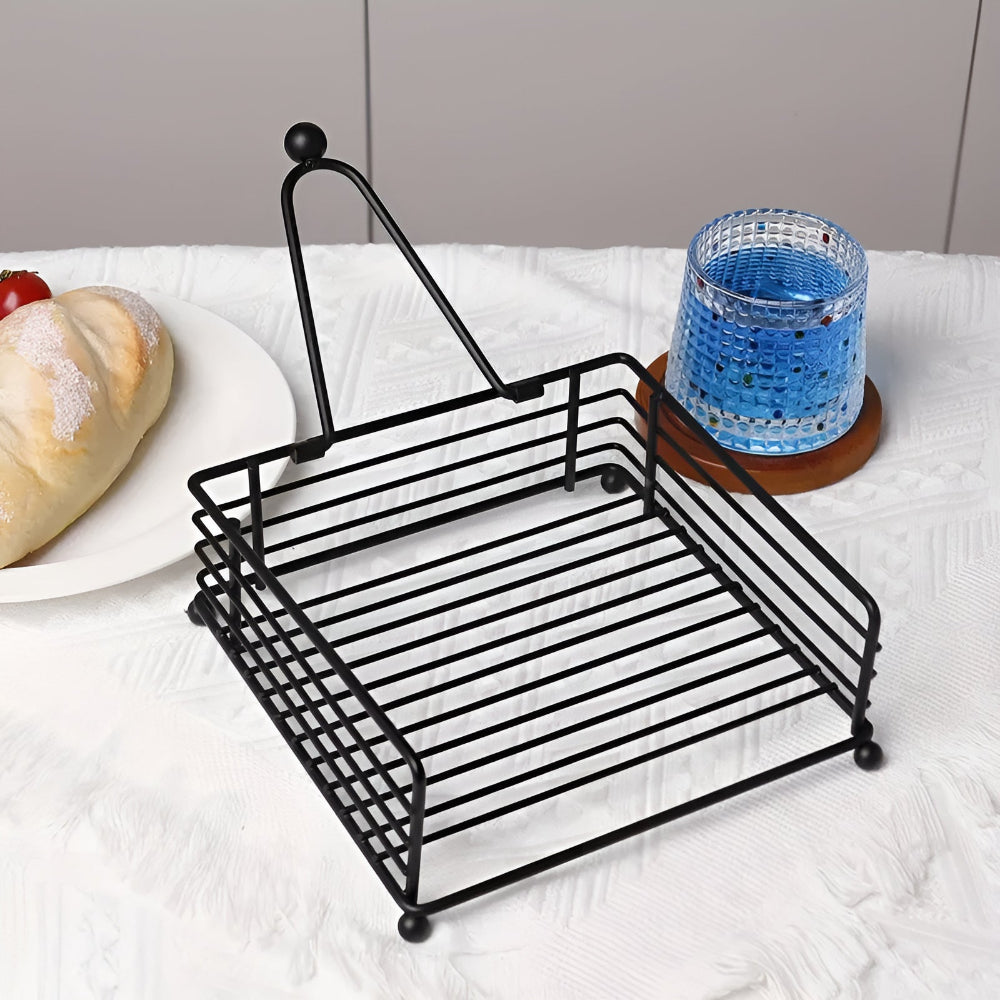 Black wire napkin holder with the swing arm raised