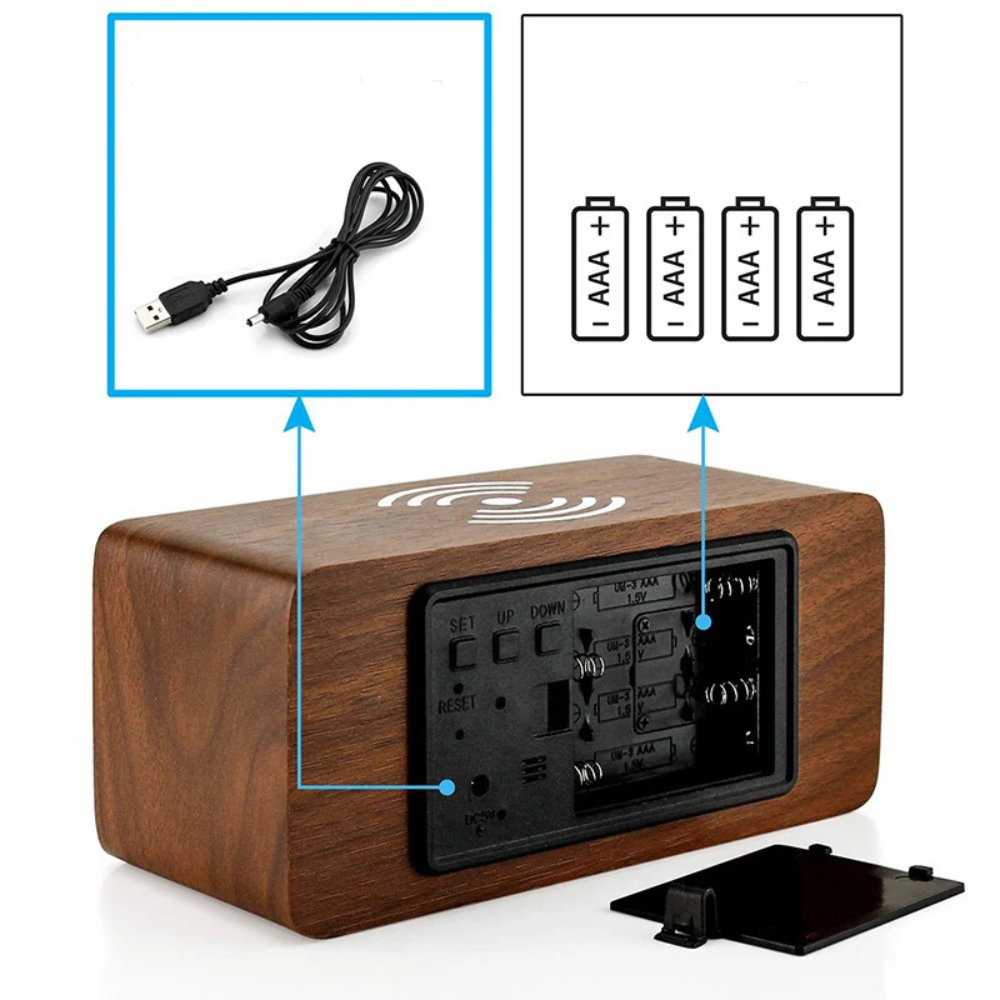 Wooden Alarm Clock | Wireless Charging | Qonforta