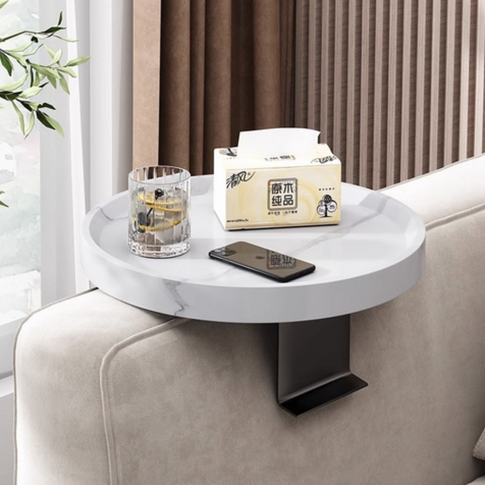 Sofa arm tray in White Marble on a light gray sofa