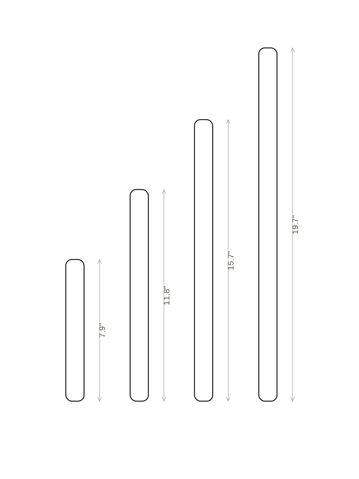 Size comparison drawing of the Flauto slim tube pendant light showing 7.9, 11.8, 15.7 and 19.7 inch tube lengths