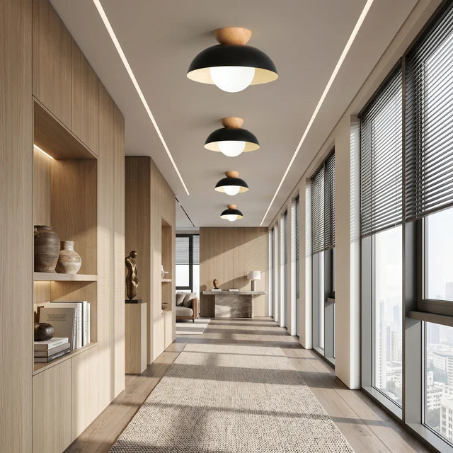Iron Dome Flush Mount Ceiling Light | Wood Cap | Qonforta