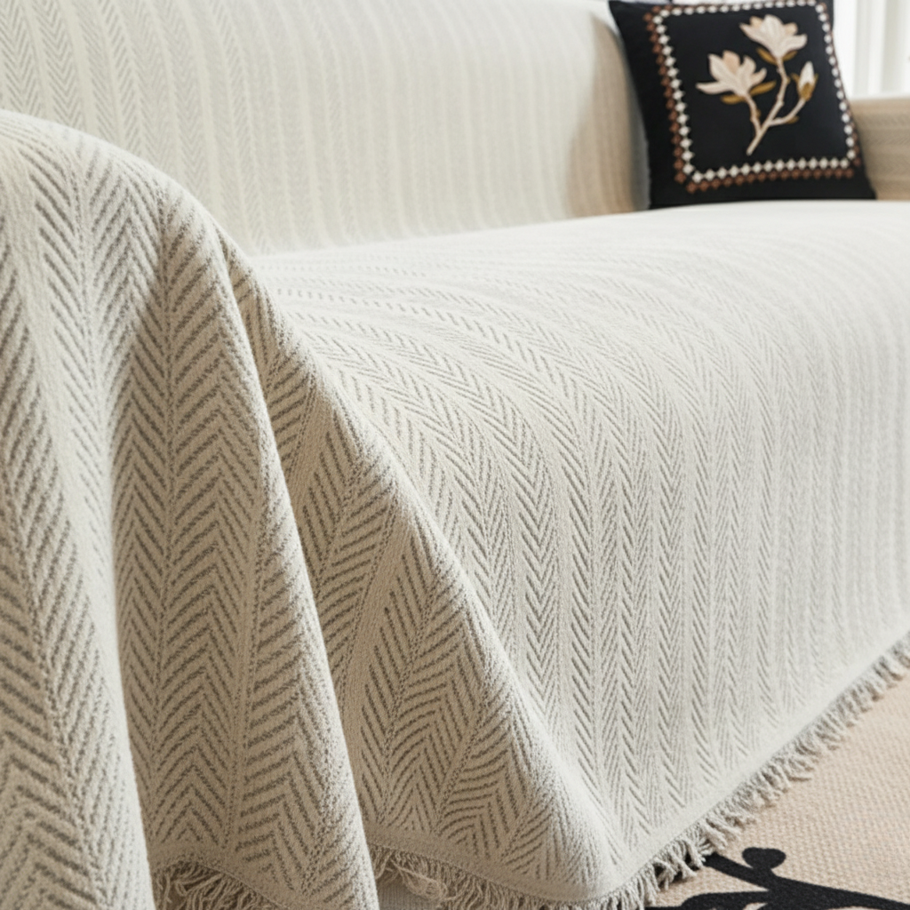 Herringbone Chenille Couch Cover, Pet-Friendly Non-Slip | Tassel Detail | Qonforta