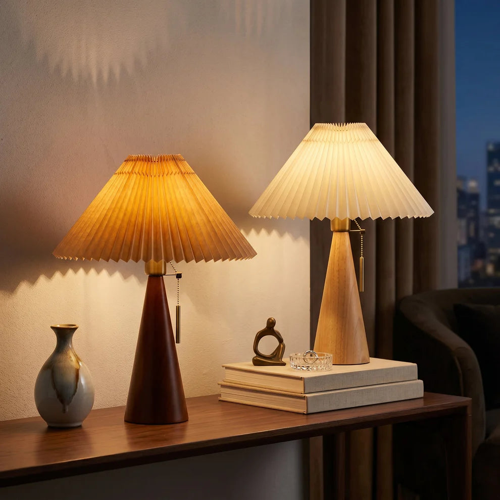 Pleated Shade Table Lamp | Tapered Wood Base, Scandinavian Style | Qonforta