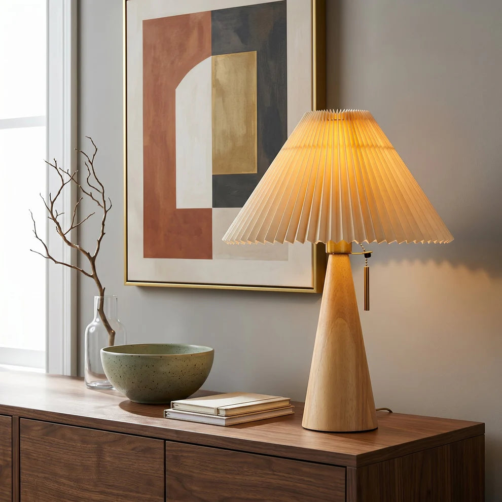 Pleated Shade Table Lamp | Tapered Wood Base, Scandinavian Style | Qonforta