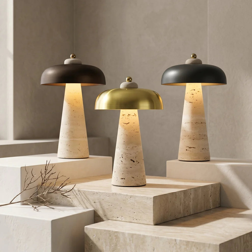 Siya Wireless Travertine Table Lamp | Gold, Brown & Black | Qonforta