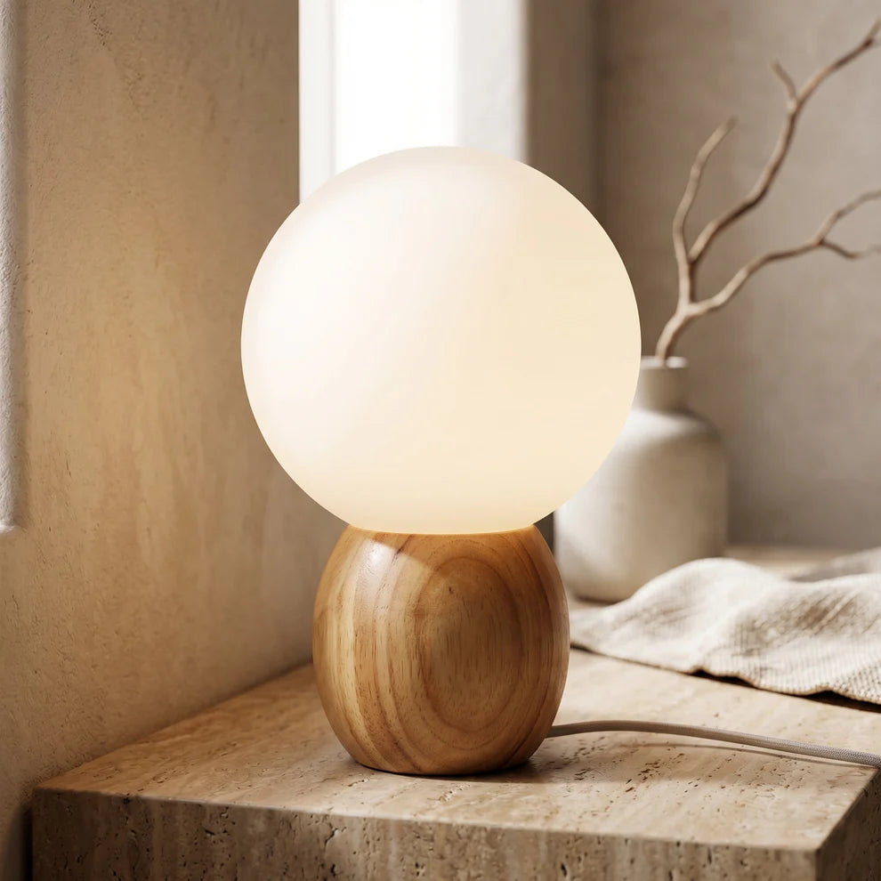 Novera Frosted Globe Table Lamp | Wood Base, Warm Ambient Light | Qonforta