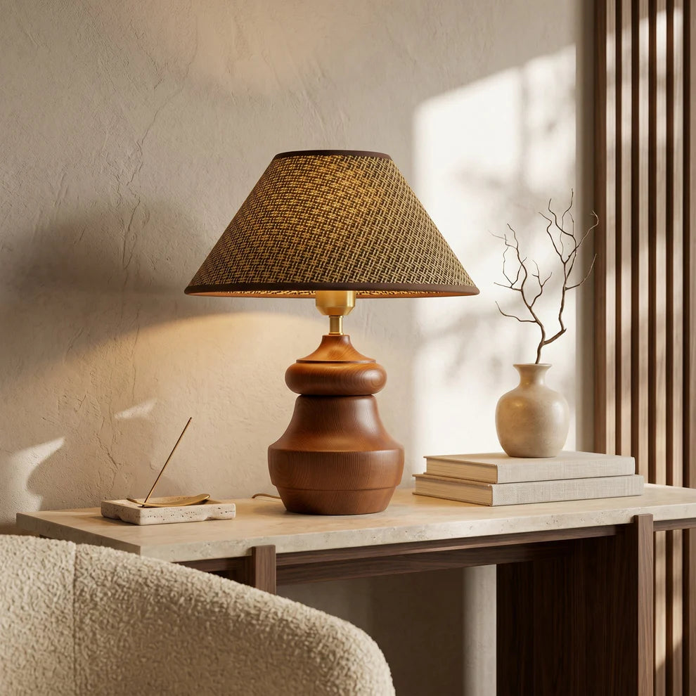 Plaid Fabric Table Lamp | Carved Wood Base, Vintage Warm Glow | Qonforta