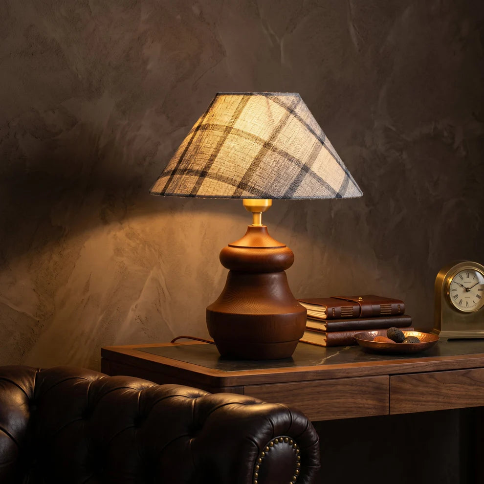 Plaid Fabric Table Lamp | Carved Wood Base, Vintage Warm Glow | Qonforta