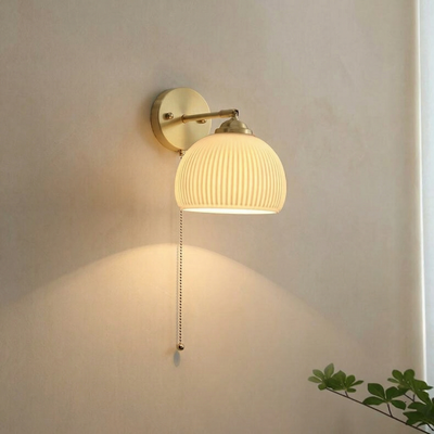 Milk Glass Pull Chain Wall Sconce, Brushed Brass, Hardwired, 3 Shade Styles