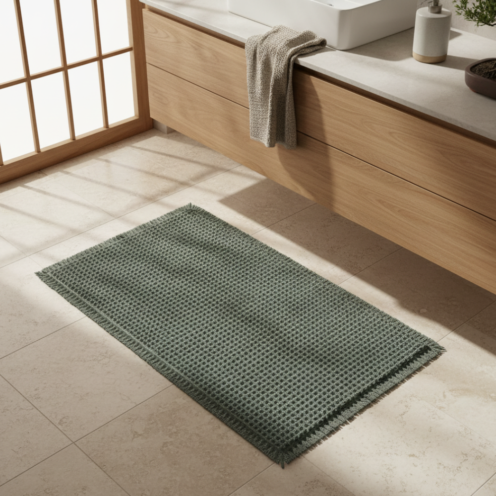 Waffle Bath Mat, Non-Slip Microfiber with Tassels | Quick-Dry Bathroom Rug | Qonforta