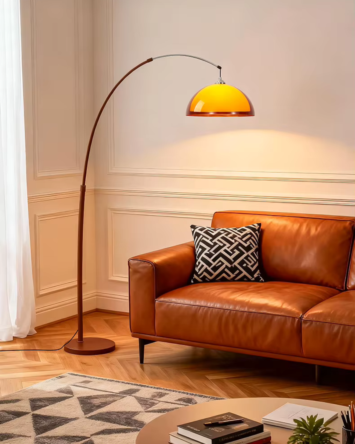 Ventoro Arc Floor Lamp | Mid-Century Walnut Finish | Qonforta