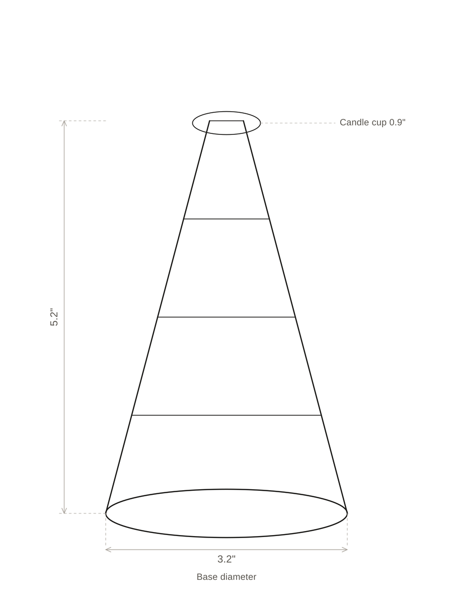 Size sketch of the Abete glass tree candle holders with height and base diameter in inches