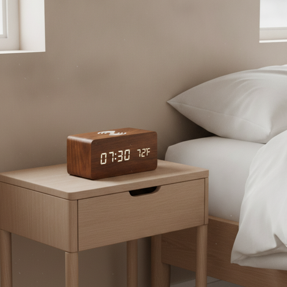 Wooden Alarm Clock | Wireless Charging | Qonforta