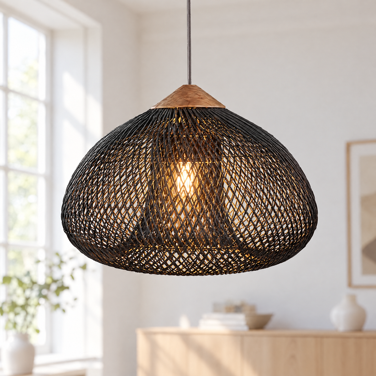 Hand-Woven Rattan Pendant Light, Natural, Black or Dark Walnut, 3 Sizes