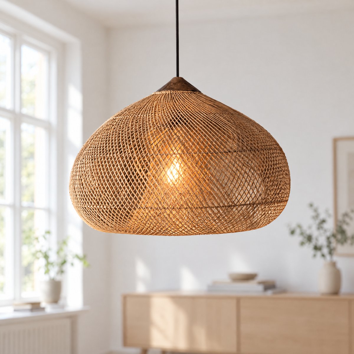 Hand-Woven Rattan Pendant Light, Natural, Black or Dark Walnut, 3 Sizes
