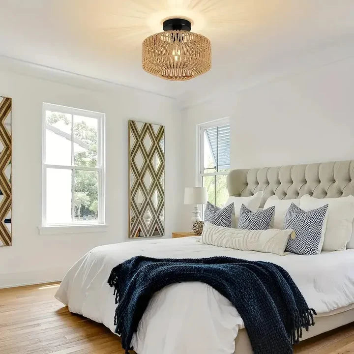 Handwoven Rattan Boho Flush Mount Ceiling Light | Natural | Qonforta