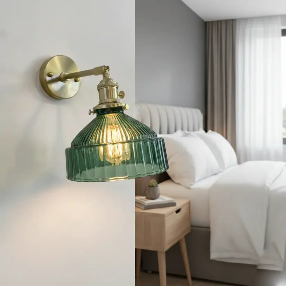 Green Ribbed Glass Wall Sconce | Vintage | LED | Qonforta