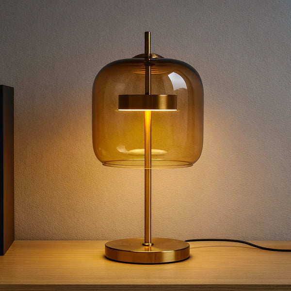 Glass Dome Table Lamp | Brushed Brass Stem, Warm LED Glow | Qonforta