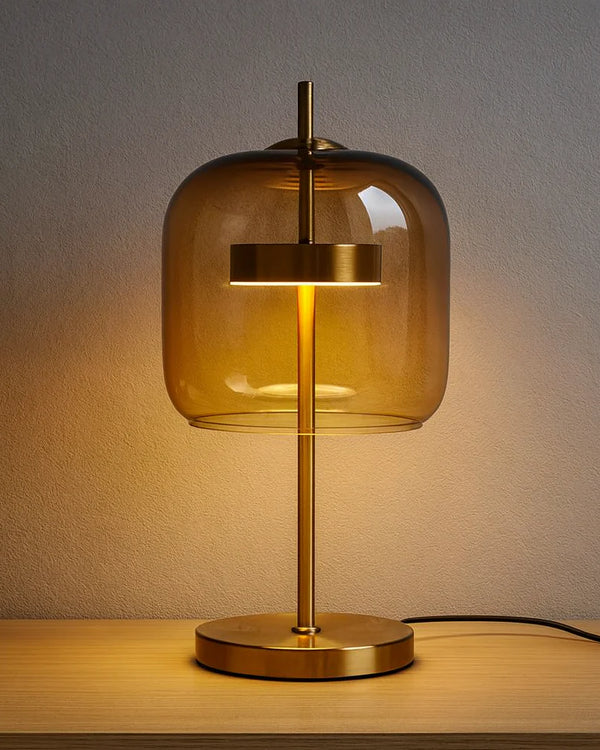 Glass Dome Table Lamp | Brushed Brass Stem, Warm LED Glow | Qonforta