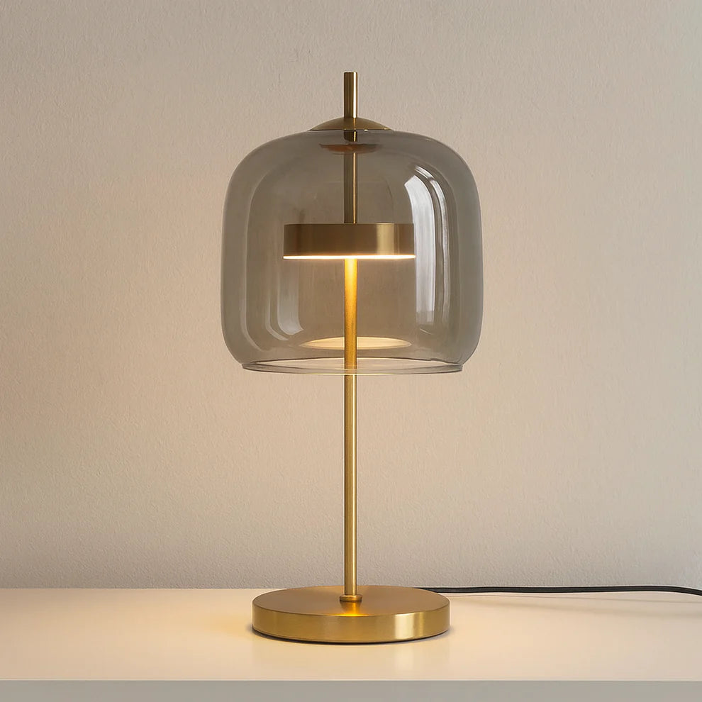 Glass Dome Table Lamp | Brushed Brass Stem, Warm LED Glow | Qonforta