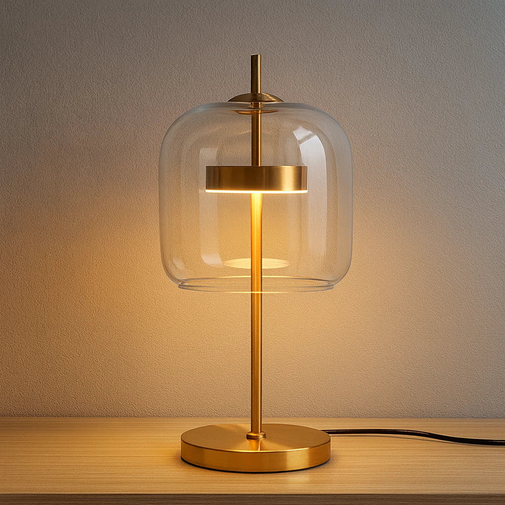 Glass Dome Table Lamp | Brushed Brass Stem, Warm LED Glow | Qonforta