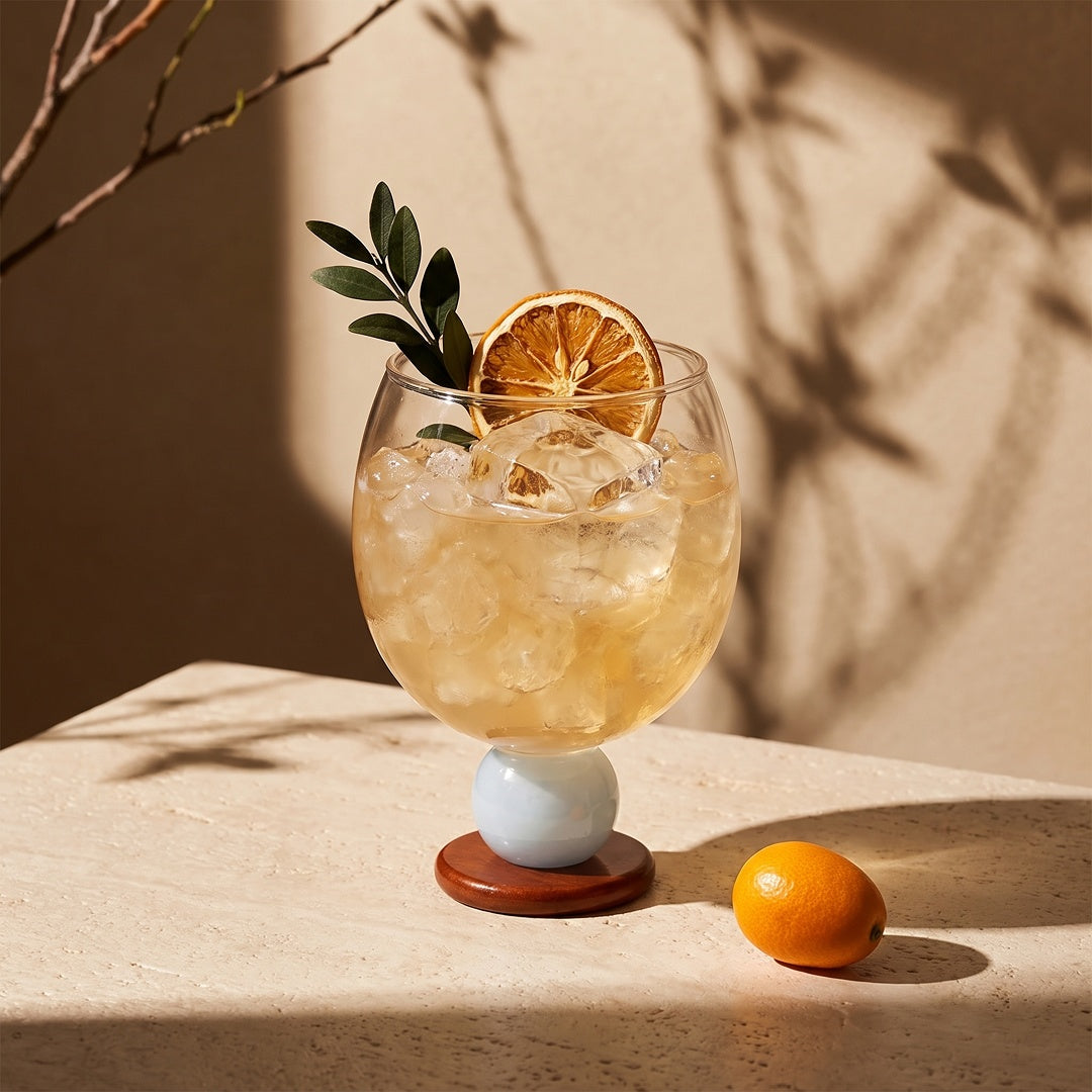 Stone base glass with a light blue bead holding an orange cocktail