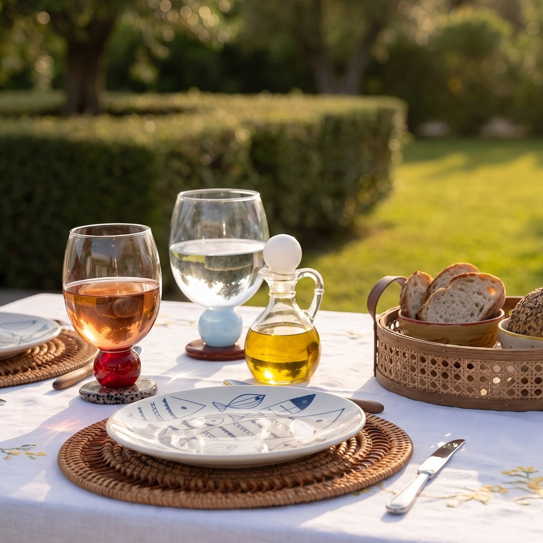Stone base glasses on an outdoor table set for lunch