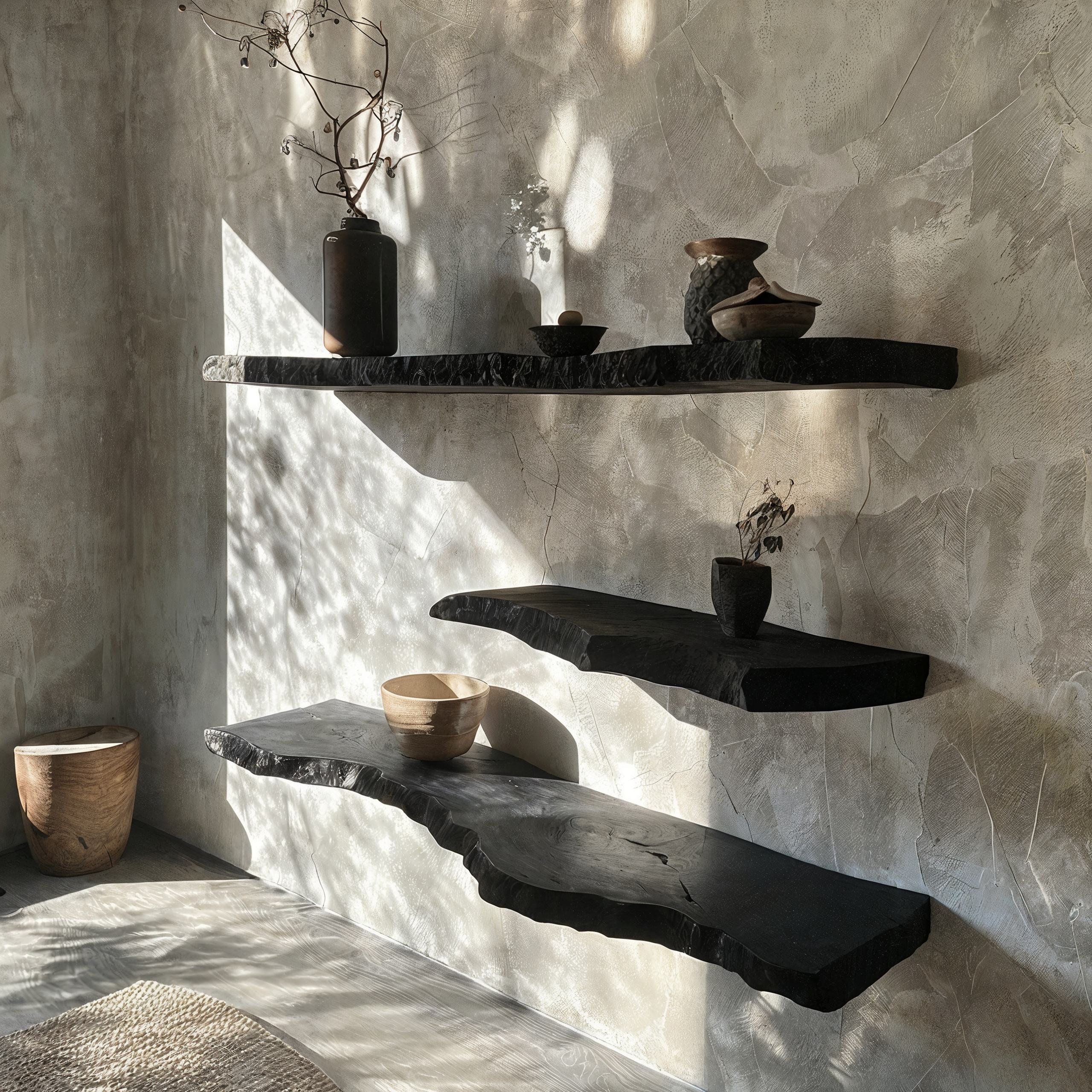 Ebony Live Edge Floating Shelf | Black Solid Wood Wall Shelf | Qonforta