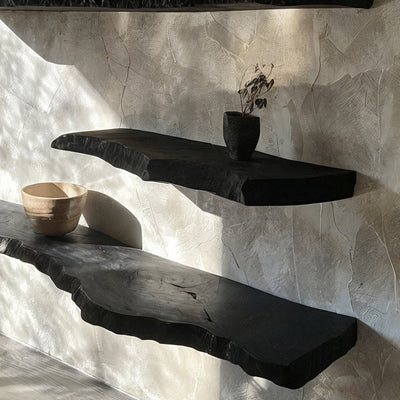 Ebony Live Edge Floating Shelf | Black Solid Wood Wall Shelf | Qonforta