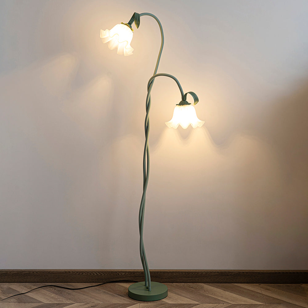 Calla lily floor lamp, green stem white shades - material texture close up, warm light